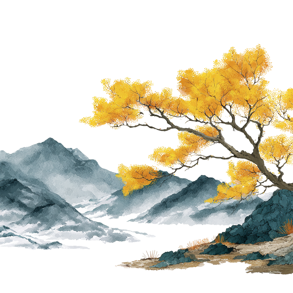 水墨风远山大树霜降插图