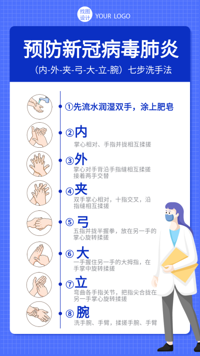 预防新冠病毒肺炎七步洗手法时间轴宣传手机海报