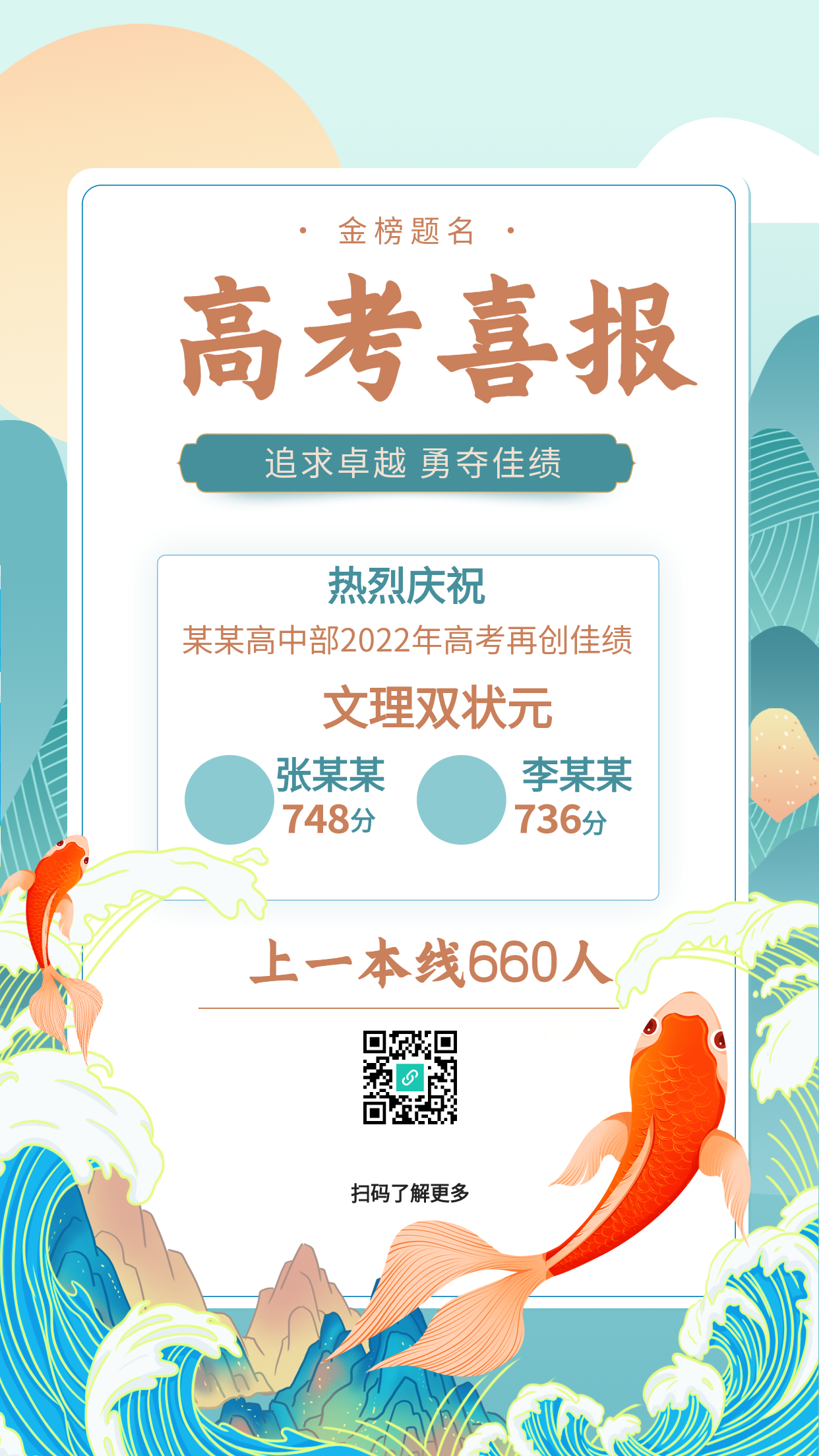 高考喜报中国风山水锦鲤海报