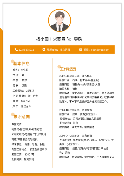 职场岗位求职意向个人信息简历详情页
