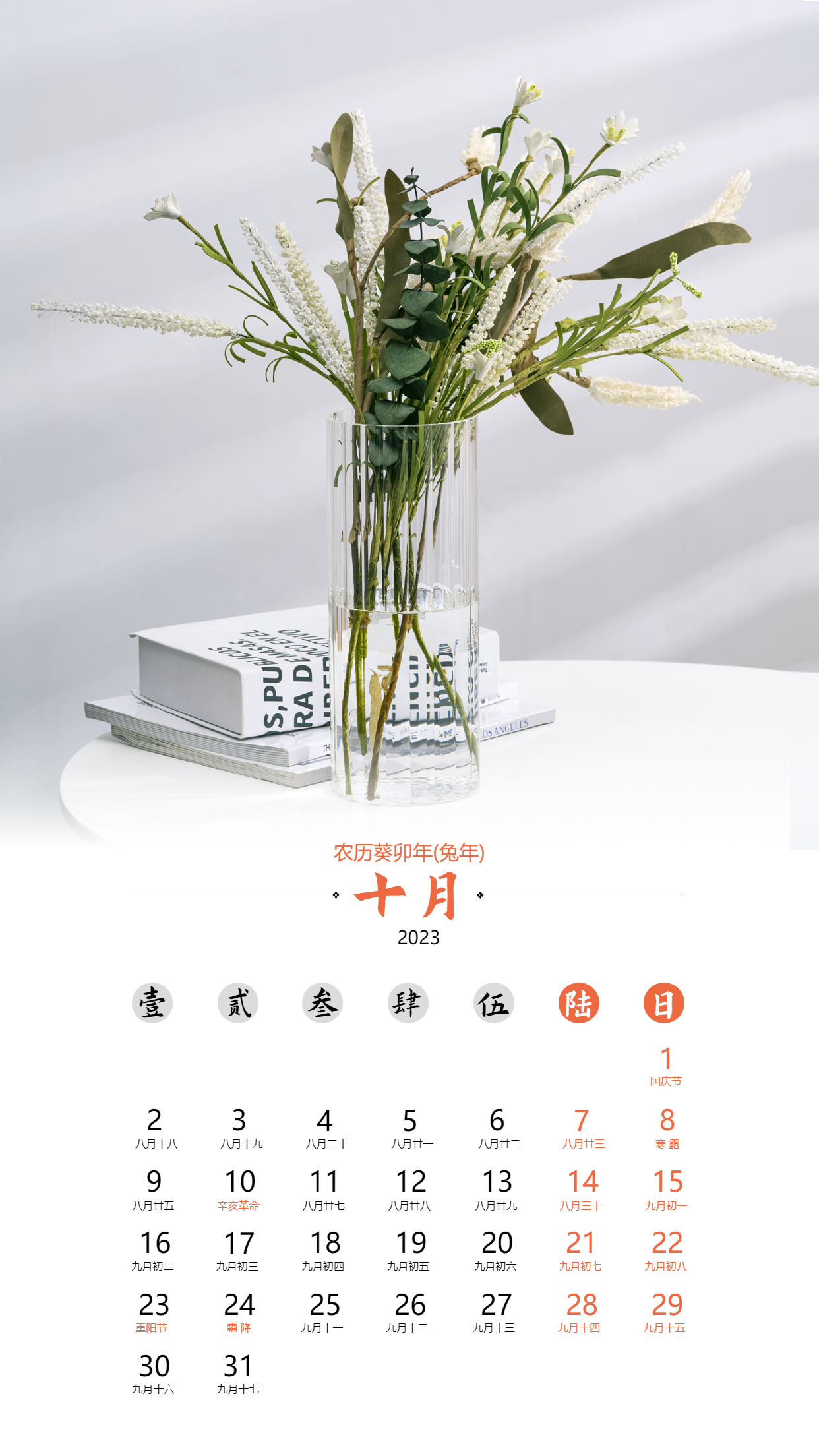 2023兔年十月清新简约日历海报