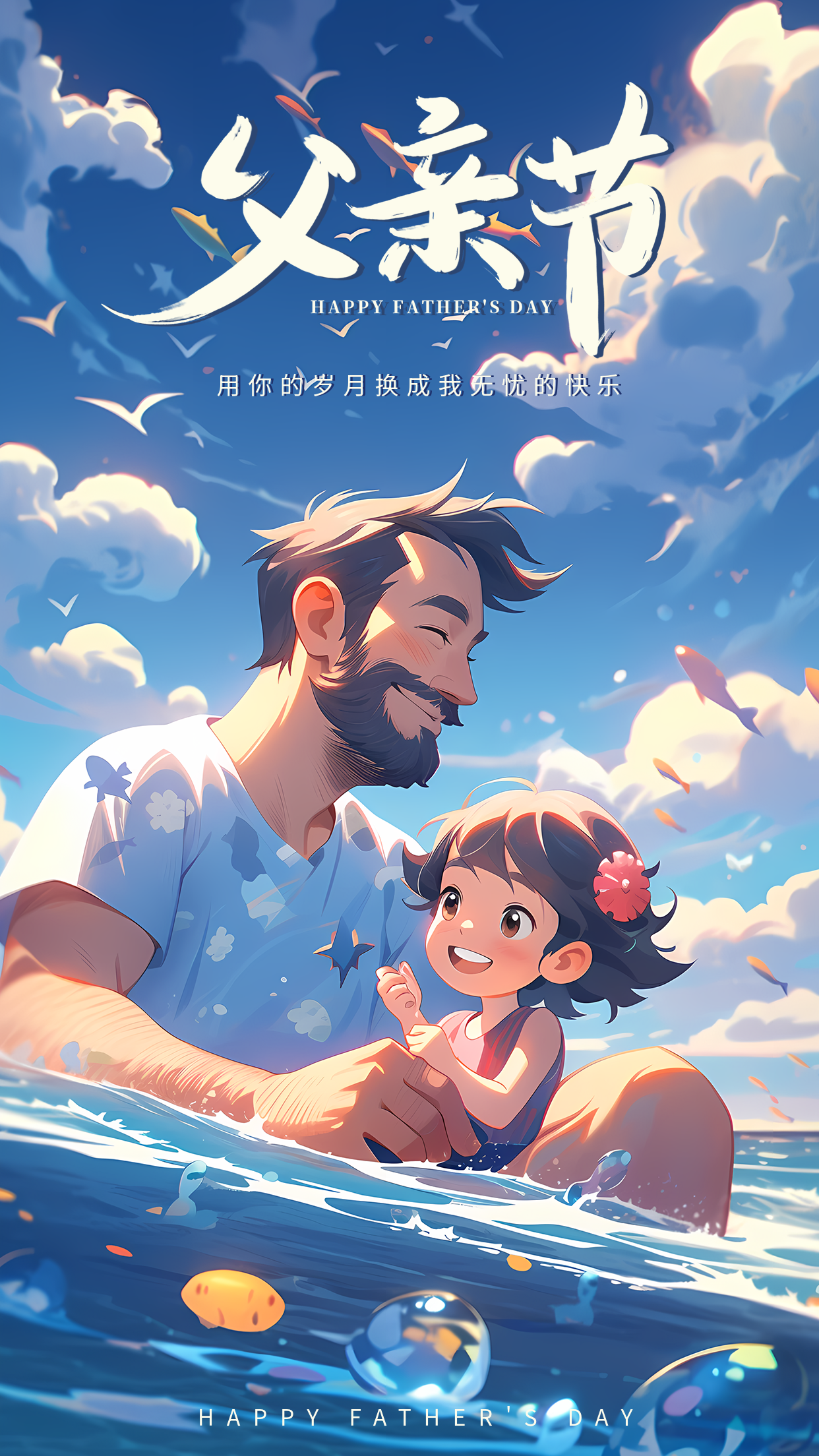 父亲节动漫风格创意手机海报
