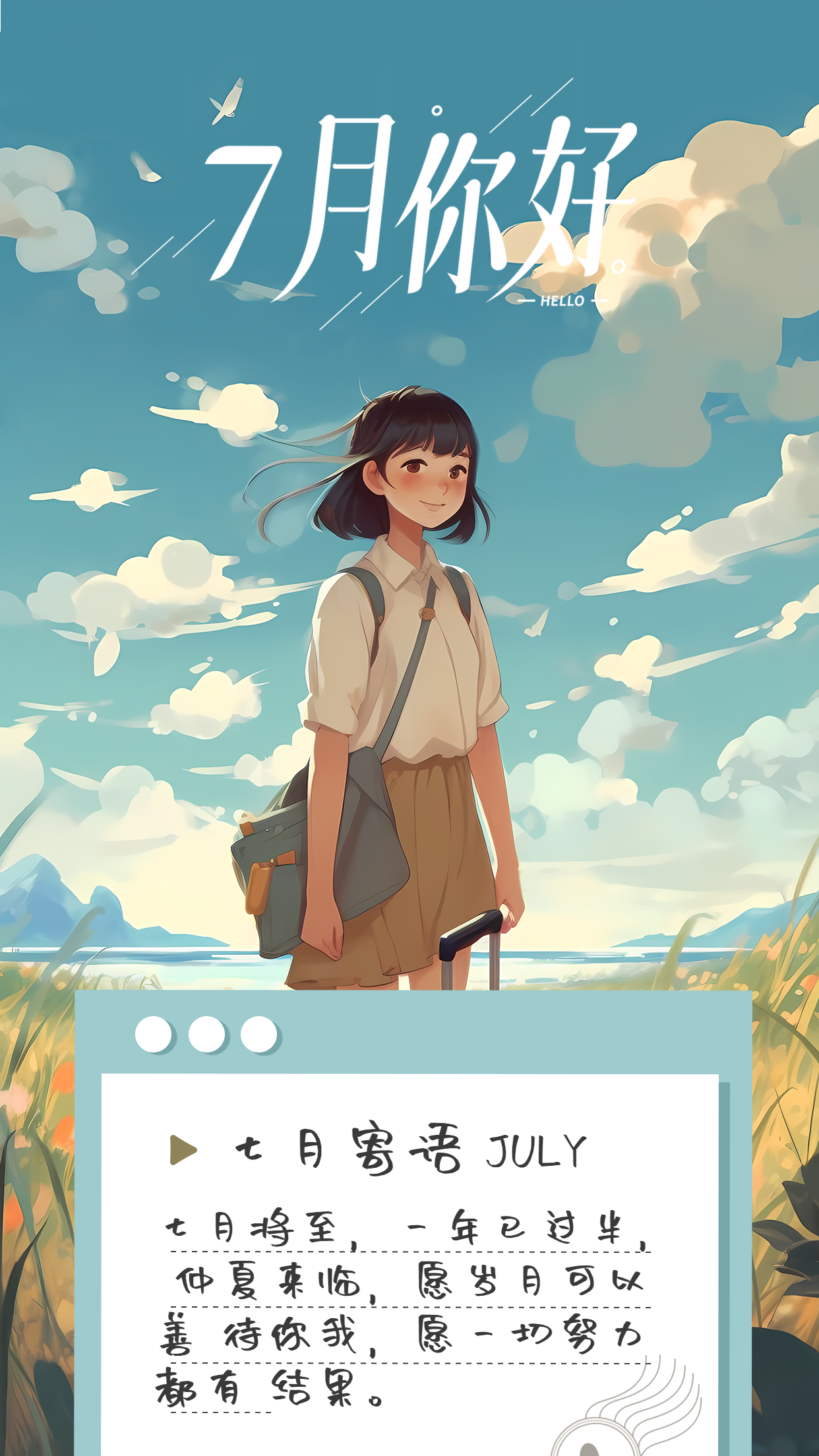 动漫风格七月寄语创意手机海报