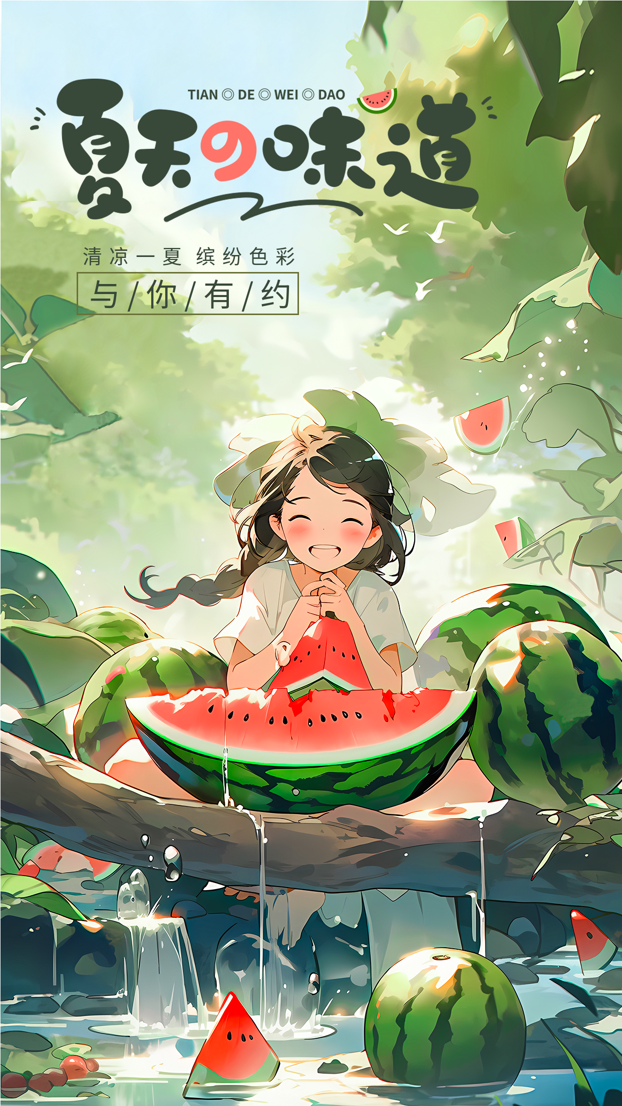 夏天的味道小溪边冰凉西瓜创意手机海报