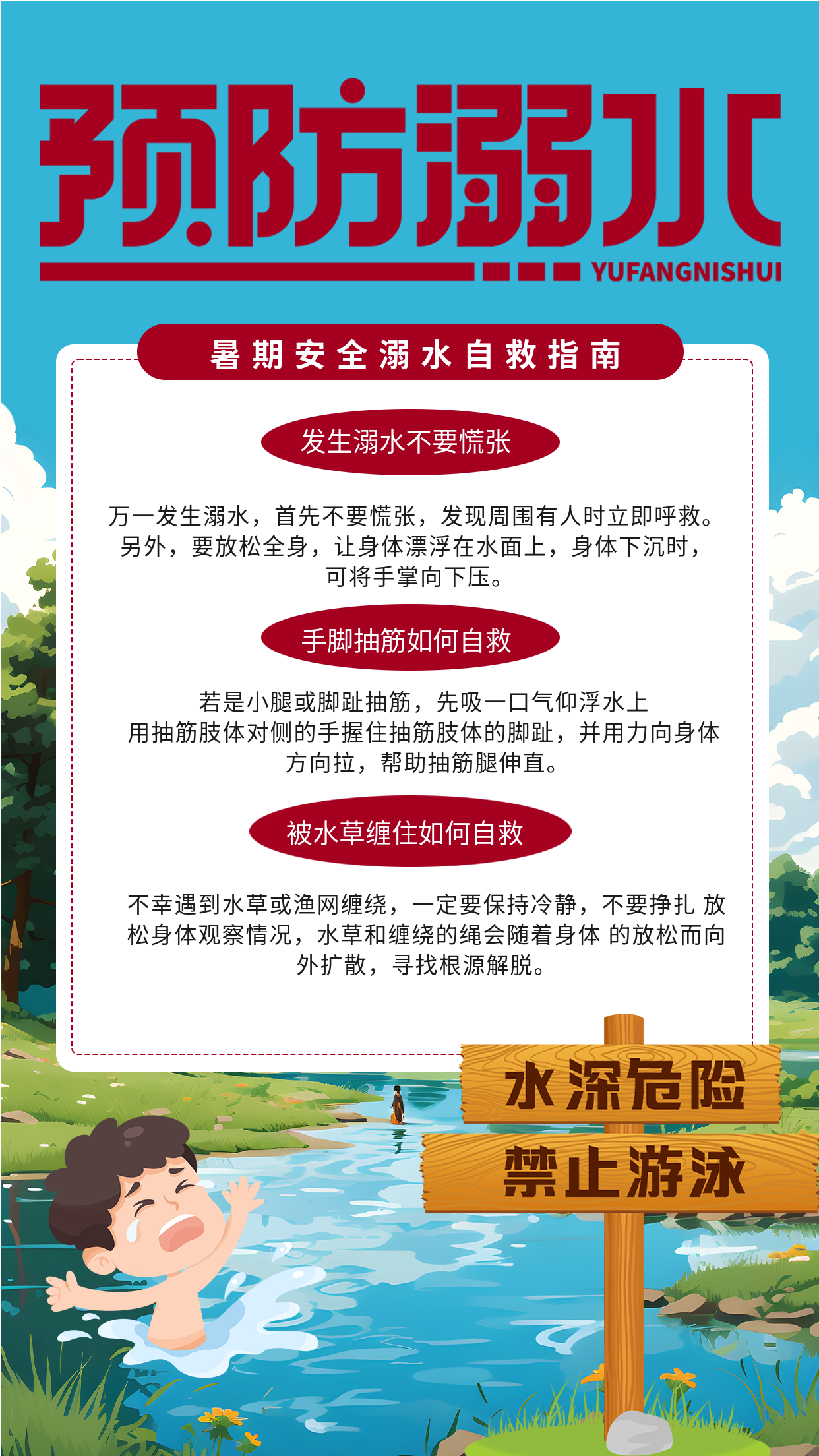 红色警示暑期安全溺水自救指南手机海报