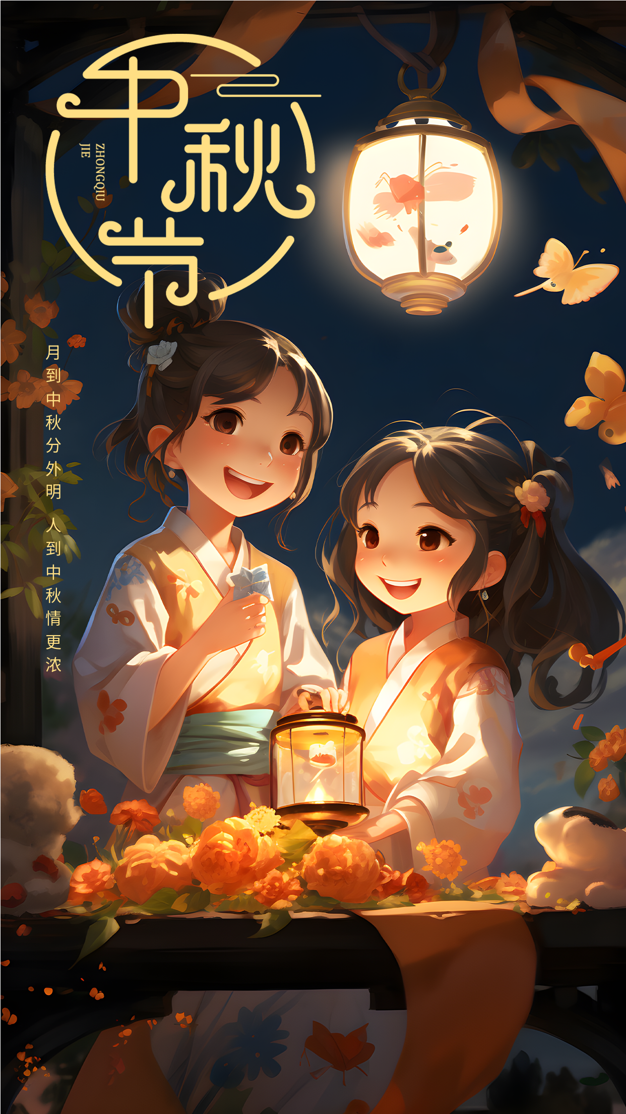 卡通风格中秋节赏月看花灯手机海报