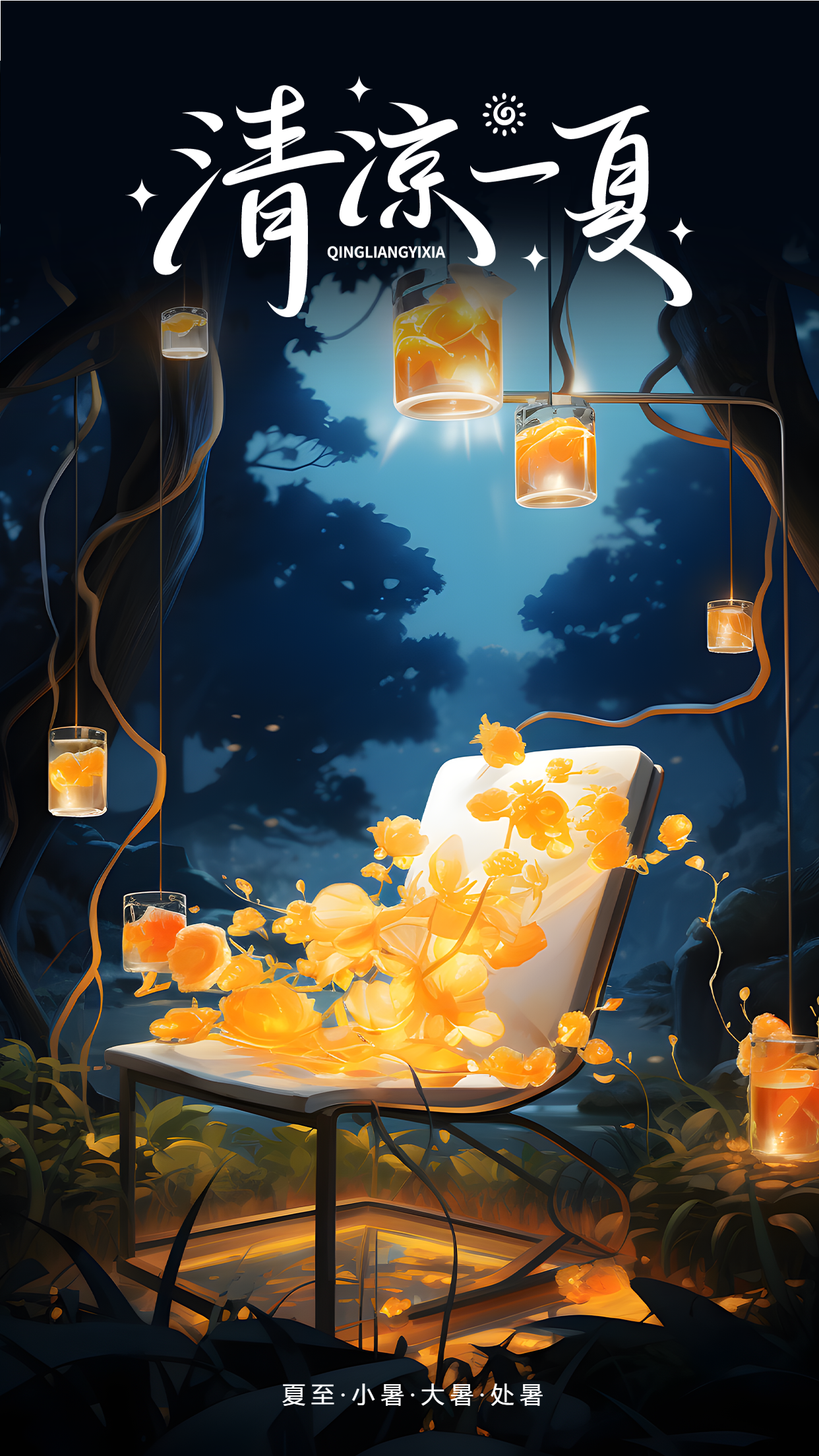 清凉一夏夜晚椅子旁的灯光美景手机海报