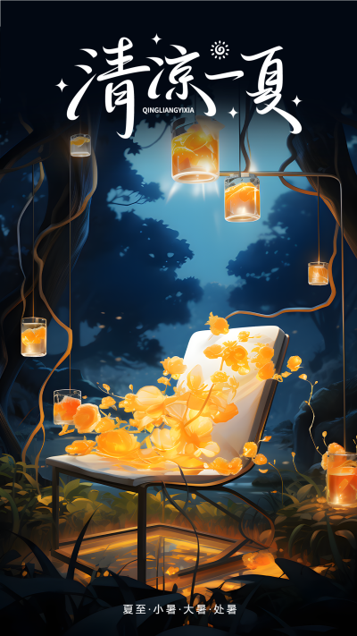 清凉一夏夜晚椅子旁的灯光美景手机海报