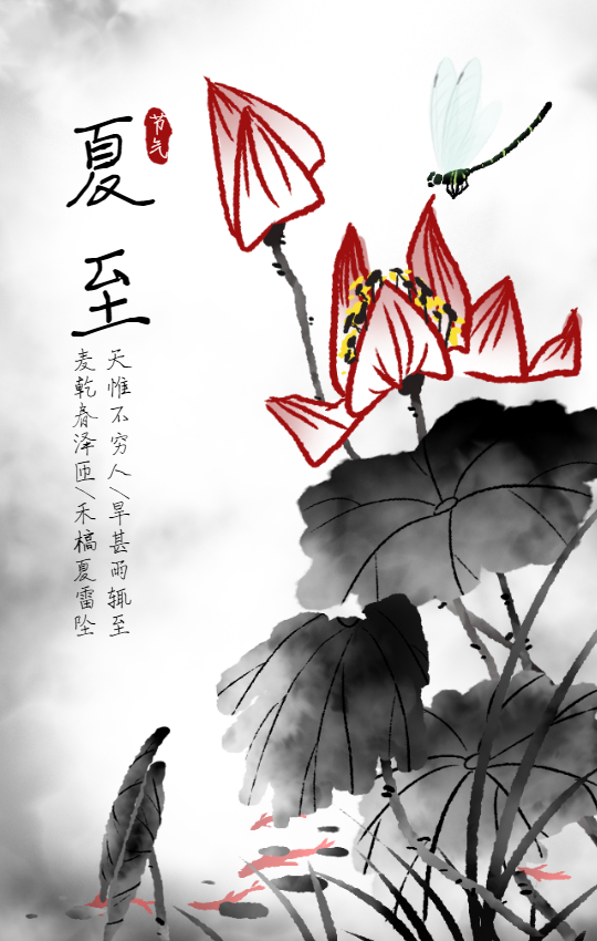 水墨风夏至荷花手机海报