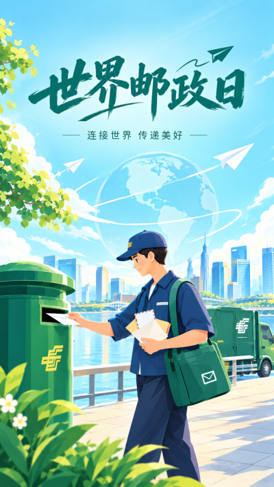 世界邮政日邮递员投信插画手机海报