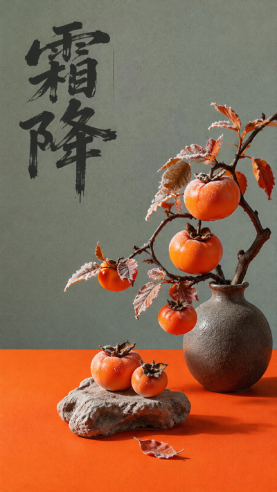 霜降时节霜落柿红手机海报
