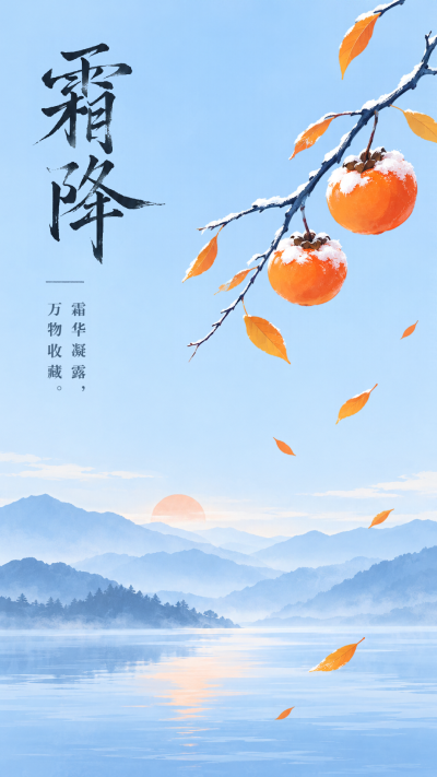 霜落枝头柿红映水国风手机海报