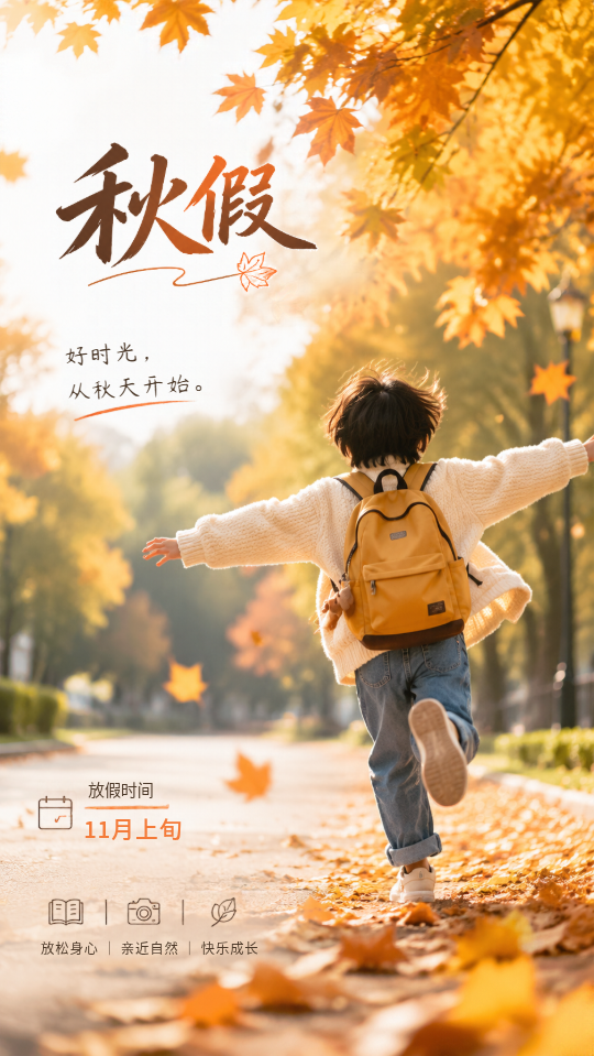 中小学秋假放假时间实景宣传手机海报