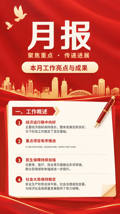 月度工作概述进展速览手机海报