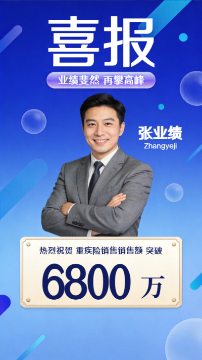 业绩喜报蓝色创意实景手机海报