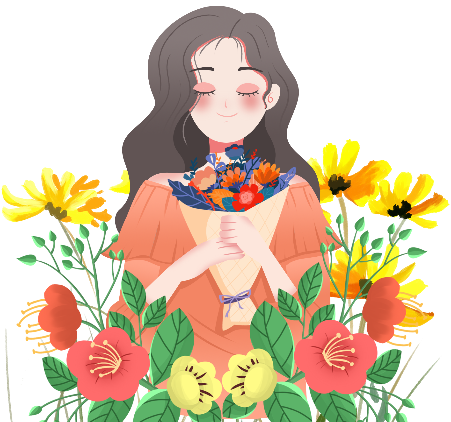 捧花女生绘画图片怎样画？