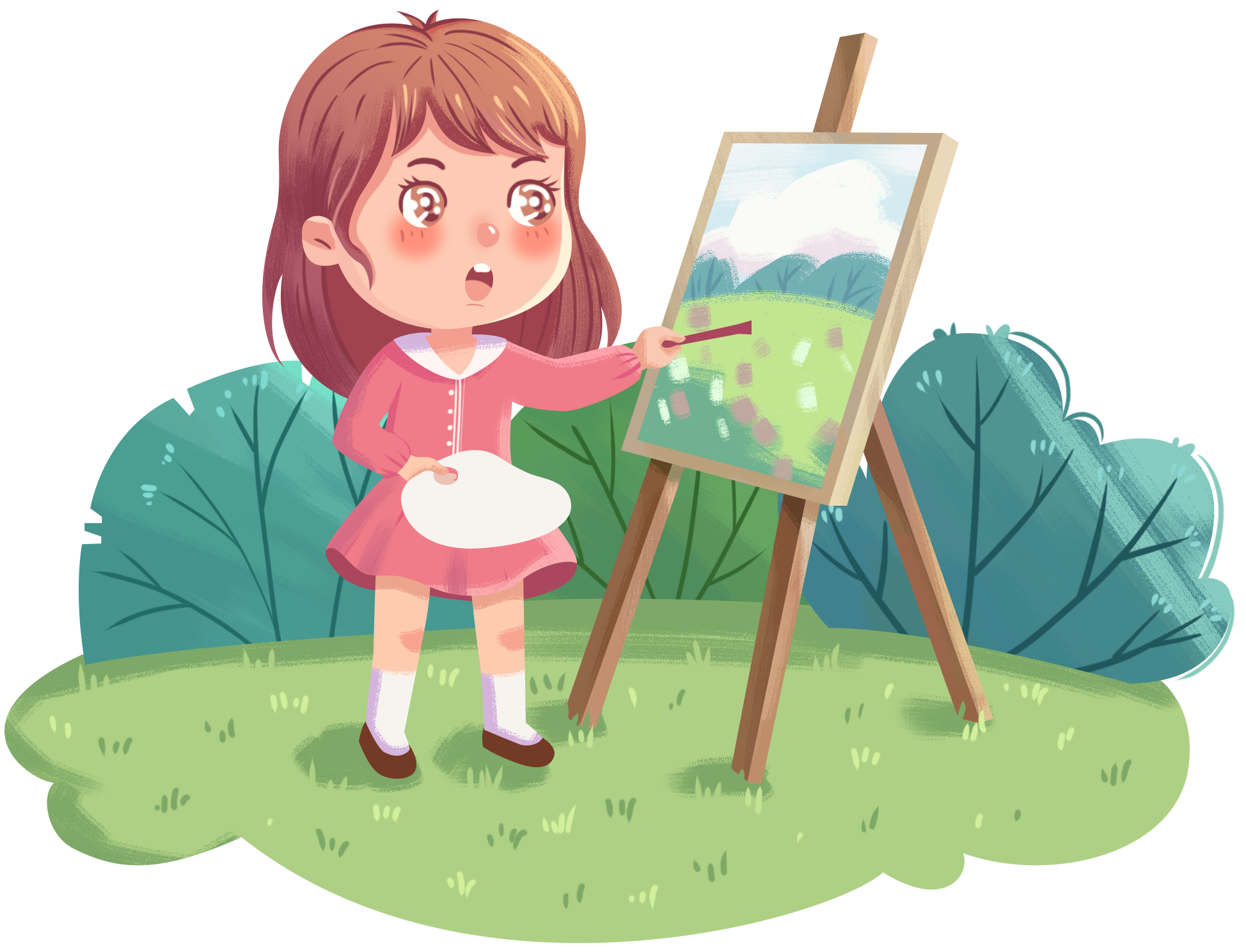 在草地画画的女孩插画图片制作方法！